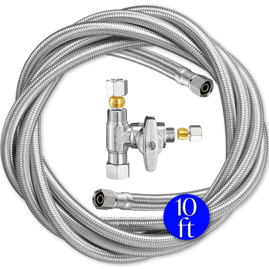 Refrigerator Ice Maker Water Line Kit - 10' Braided Stainless Steel Fridge Water Line with 1/4" Compression Fittings Pex Tubing Core and Water Splitter