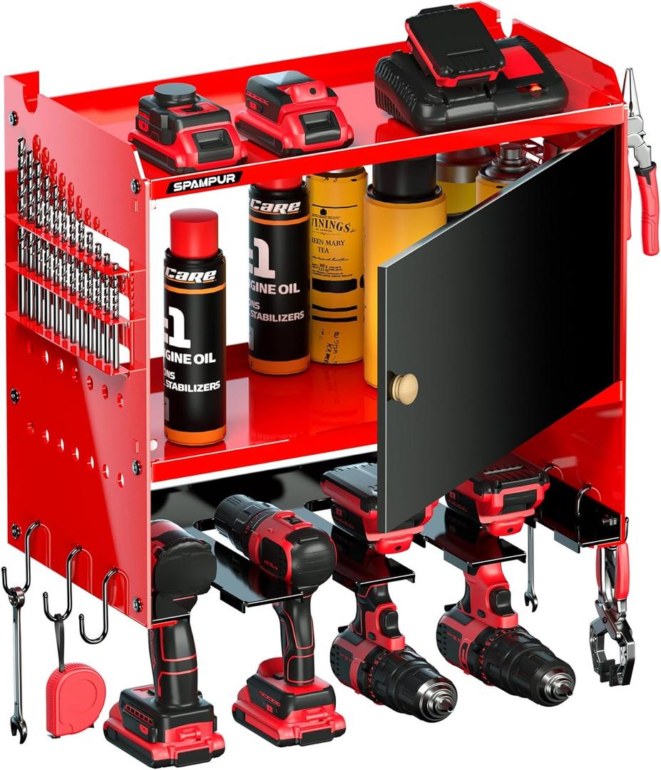 Toolbox Wall-Mounted Tool Cabinet Organizer,150LBS Weight Capacity for Power Tools, 30-Tool Garage/Studio Storage System, 15-Min Quick Assembly with Metal Frame, for Men (4 slots, Red)