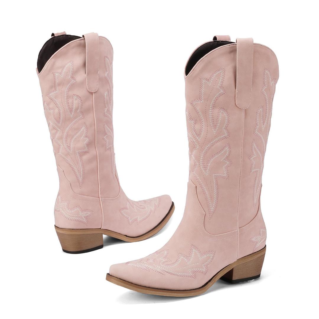 Shofrindy Pink Cowboy Boots for Women Light-Pink Western Cowgirl Boot Comfortable Chunky Heel Wide Calf and Pointed Toe Tall Boot Cute Concert Outfit Size 12 (Pink)
