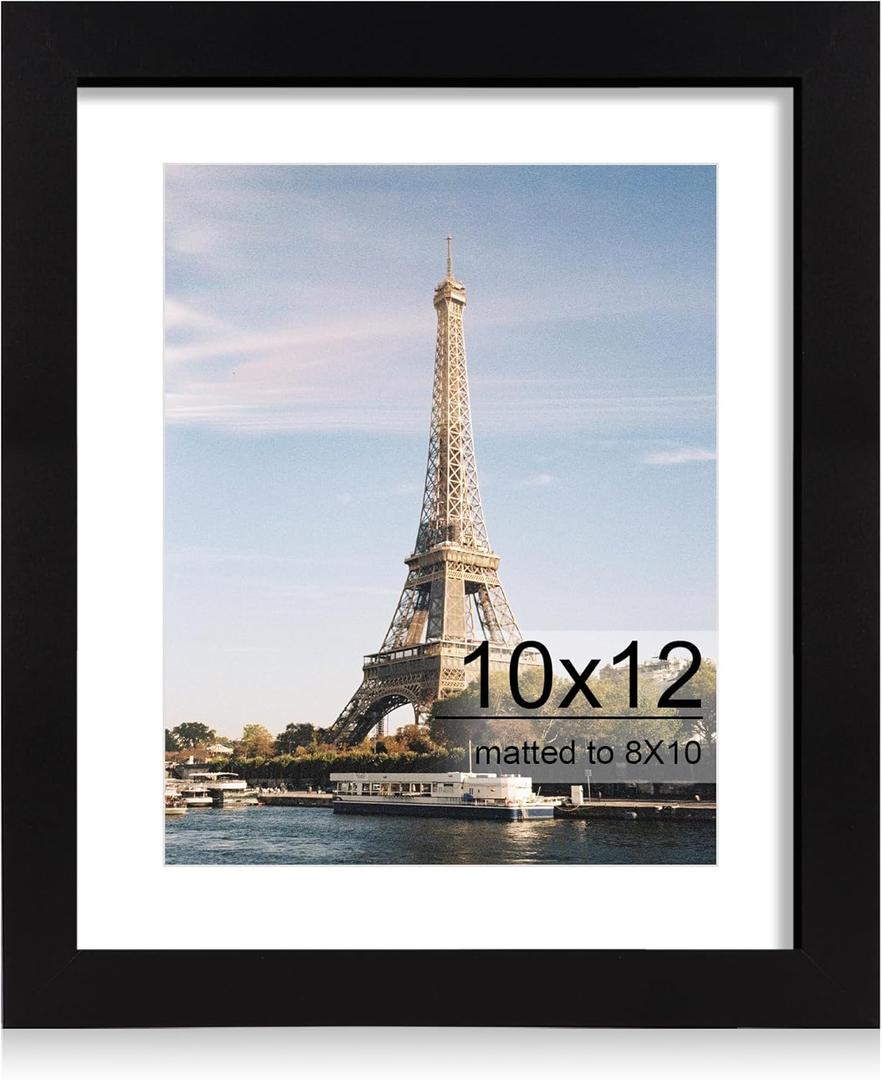 iRahmen 10x12 Picture Frame with HD Tempered Glass, Display Pictures 8x10 with Mat or 10 x 12 Without Mat, Wood Photo Frames for Tabletop and Wall Mount (Black, 1 Pack)