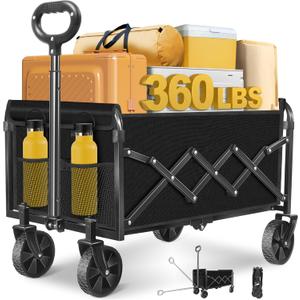 Collapsible Wagons Carts Foldable Wagon, Folding Wagon Cart with All-Terrain Wheels & 2 Cup Holders, Lightweight Portable Foldable Folding Wagons for Beach Camping Grocery Sports Garden, 360 LBS/Black