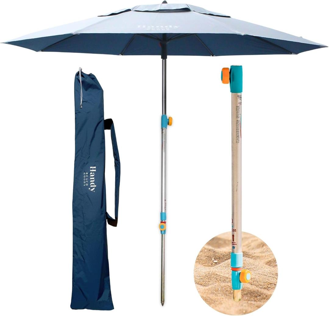 Handy Beach Umbrella & Anchor System, Large 7ft Silver Coated UPF 55 Canopy, 10 Second Installation, Wind Resistant, Durable, Lightweight, Comfortable Dual Pocket Bag Included