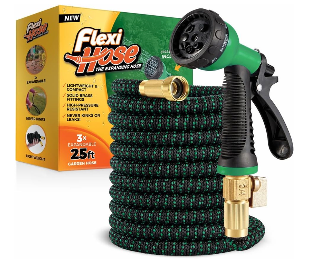 Expandable Garden Hose 25 FT, Lightweight Flexible Water Hose with Leak-Proof 3/4 Inch Solid Brass Fitting, Portable & Anti-Kink Design for Yard, Garden, and Lawn Use-Black Green