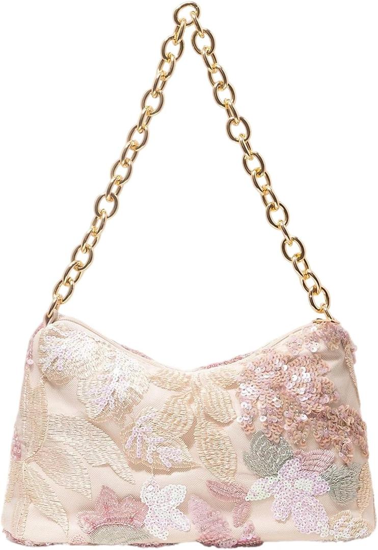 SHENHE Women's Floral Embroidered Sequin Handbag Glitter Metal Chain Shoulder Purse for Wedding Party Prom
