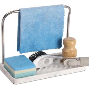 zccz Sponge Holder - Kitchen Sink Organizer Tray Stainless Steel Dish Cloth Hanger Soap Dispenser Brush Holder Caddy, White Marble Look
