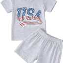 Toddler Baby 4th of July Outfit Boy Girl Oversized Romper USA Shirts Shorts Set American Flag Matching Clothes (Grey, 12-18M)