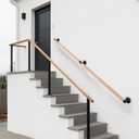 5 FT Wooden Stairs Handrails Wall Mount- Metal Support Wood Staircase Handrails, Interior Stair Railings, Banister Hand Railing, Outdoor Grab Bars Safety Handle for Elderly