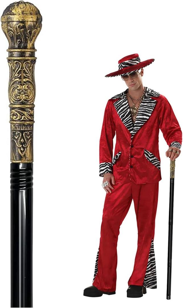 Costume Pimp Cane, 42" Metal Prop Stick with Antique Gold Plastic Handle Cosplay Accessories for Halloween Dress-up Party, Suit for All Ages (Black)