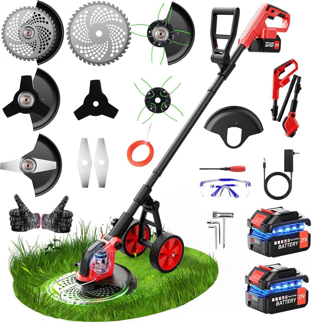 20000 RPM Electric Weed Eater Battery Powered,12″ Brushless Electric Weed Wacker Cordless Wheeled String Trimmer,4 in 1 Grass Trimmer/Brush Cutter/Grass Edger/Stringless Weed Trimmer 5 Blade,2 Battery