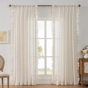 Farmhouse Curtains 84 Inches Long 2 Panels Natural Linen Textured Ruffle Curtains for Bedroom Living Room, Rod Pocket Privacy Flowy Drapes Semi-Sheer Cottage Scalloped Edge Curtain Set, W47xL84 Inch