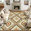 Area Rug 8x10 Rug Machine Washable Non-Slip Low Pile Print Pattern Western Rug for Living Room Bedroom Entryway Tribal Series -Cream/Camel