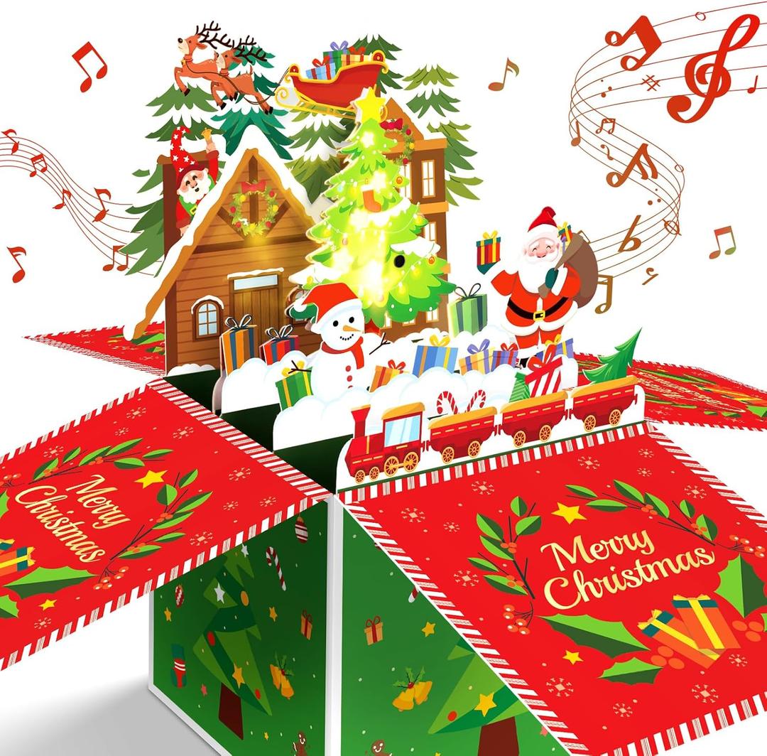 Christmas Cards, MUSIC & LIGHTS Pop-up 3D Merry Christmas Card, Christmas Gifts for Women Men Kids Mom Dad, Blowable Candle Christmas Greeting Card with Envelopes