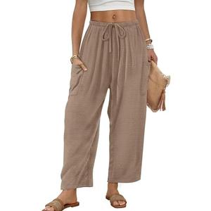 Sampeel Wide Leg Pants for Women Barrel Flowy Palazzo Elastic Waist Trousers with Pockets Summer Beach Vacation Outfits, Size S