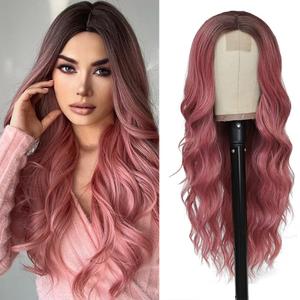 Long Wavy Pink Wig for Women 26 inch Curly Middle Part Ombre Hair Wig Natural Looking Upgraded Synthetic Protein Fiber Natural Looking Wig Cosplay Costume Wig(26'' Ombre Pink)