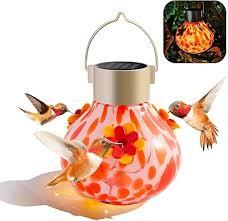 Hummingbird Feeder with Solar Light, Outdoor Glass Hummingbird Feeder, Auto-Lighting Solar Lamp for Garden Decor, 3 Feeding Ports Attract More Birds, Waterproof Design, Ideal Gift (Orange)
