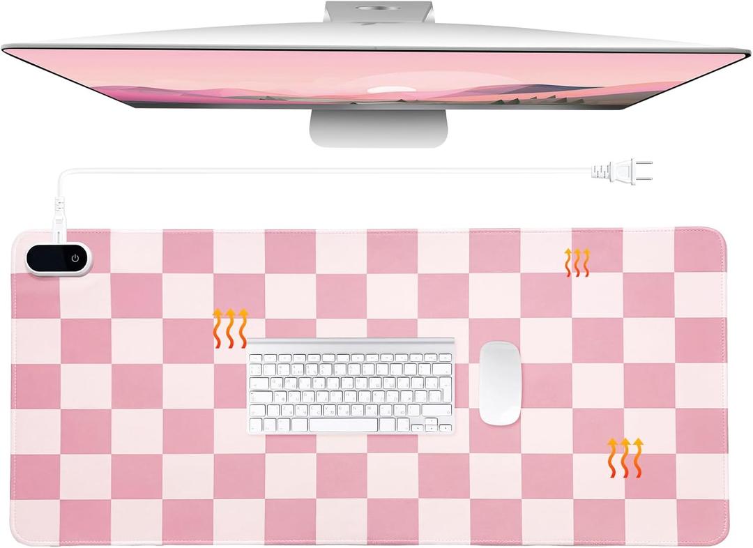 Konohan Heated Large Desk Mat PU Leather Cute Warm Mouse Pad with 5 Heating Level & 4 Hour Auto Shut-Off Heating Keyboard Pad Warmer Gaming Mice Mat Only Supports 110v(Pink Checkerboard, 31.5" X 13")