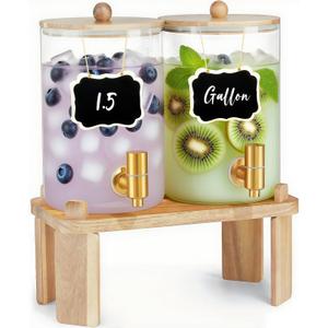 2 Pack Drink Dispenser with Wood Stand, Glass Beverage Dispenser with Spigot and Labels, Glass Water Dispenser for Parties, Lemonade Dispensers for Juice, Tea, and Home Bar Party Drinks (1.5 Gallon) 2 Pack Drink Dispenser with Wood Stand, Glass Beverage Dispenser with Spigot and Labels, Glass Water Dispenser for Parties, Lemonade Dispensers for Juice, Tea, and Home Bar Party Drinks (1.5 Gallon)