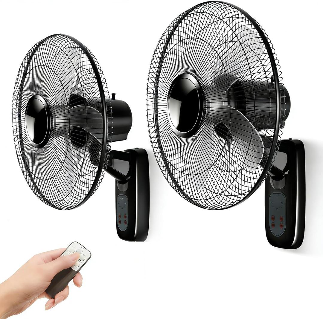 Aotop 16 inch Wall Mount Fan with Remote Control - 2 Pack, 3-Speed and 3 Modes, Timer Function, Adjustable Head, Oscillating Fan for Home and Office - Black