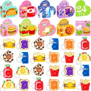 FHOZGECY Valentines Day Cards for Kids School, 24PCS Food Fidget Toys and Heart Box for Boys and Girls, Valentines Cards for Kids Classroom with Keychains, Valentines Classroom Exchange Party Favors