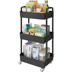 Laiensia 3-Tier Kitchen Storage Cart,Multifunction Utility Rolling Storage Organizer,Mobile Shelving Unit Cart with Lockable Wheels for Bathroom,Laundry,Living Room,With Classified Stickers,Black