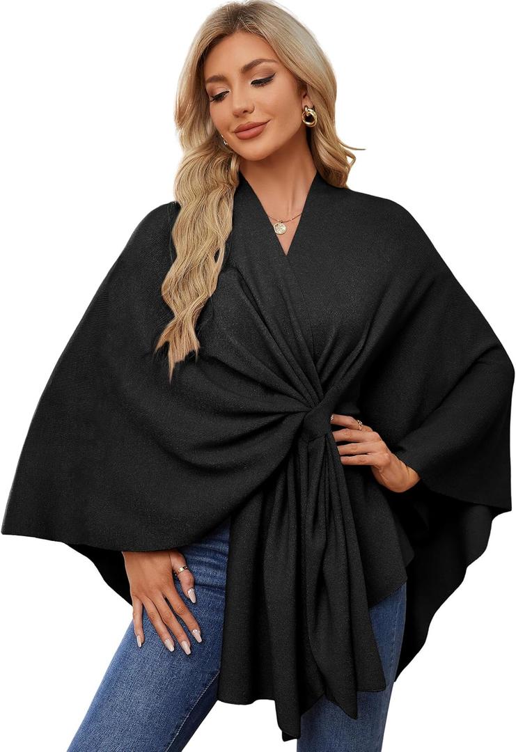 PULI Women's Elegant Shawl Wraps Soft Open Front Poncho Sweater for Spring Fall Winter (Front Tab-black) One size, 31.5 Length
