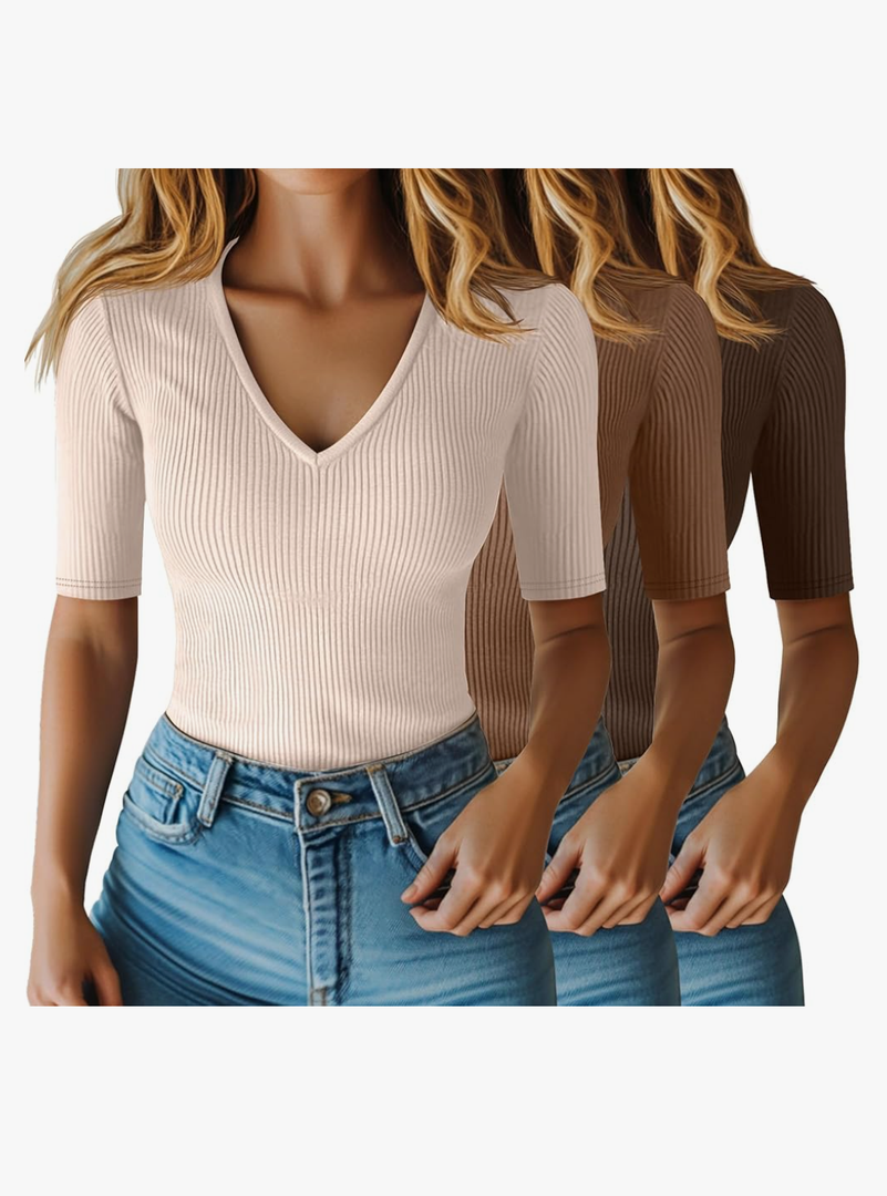 Riyiper 3 Pack Women's Half Sleeve Top Elbow Length Ribbed Cotton T Shirt Women V Neck Summer Tee Slim Fit Casual Blouses size M