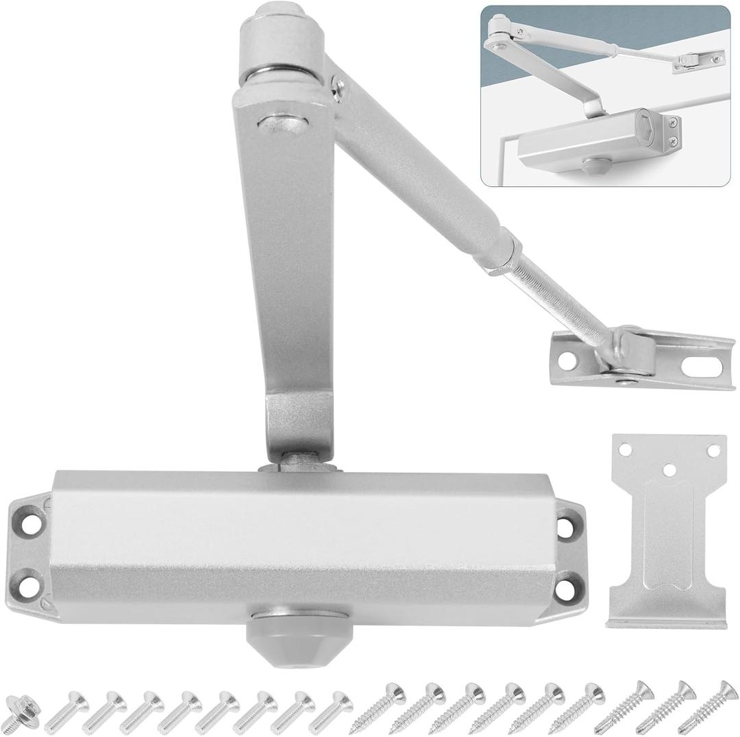 Automatic Door Closer, 3 Spring Hydraulic Closure Suitable for Residential and Light Commercial Use, Quiet and Soft Door Closer, Door Weights 99~143 Lbs Easy Install (Silver)