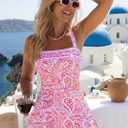 ROSEWE Womens Tummy Control Tankini Bathing Suits, Two Piece Ruched Swimsuits, Floral Print Swimdress with Skirt (Pink, M)