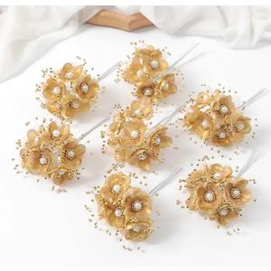 36 Small Fake Flowers and Soft Stem,40mm Mini Gold Artificial Flower Heads Bulk,Metal Pearl Flowers Branch Flowers for Graduation Cap,Crafts, Bridal Bouquets,Cake Top,Candle Rings Wreath