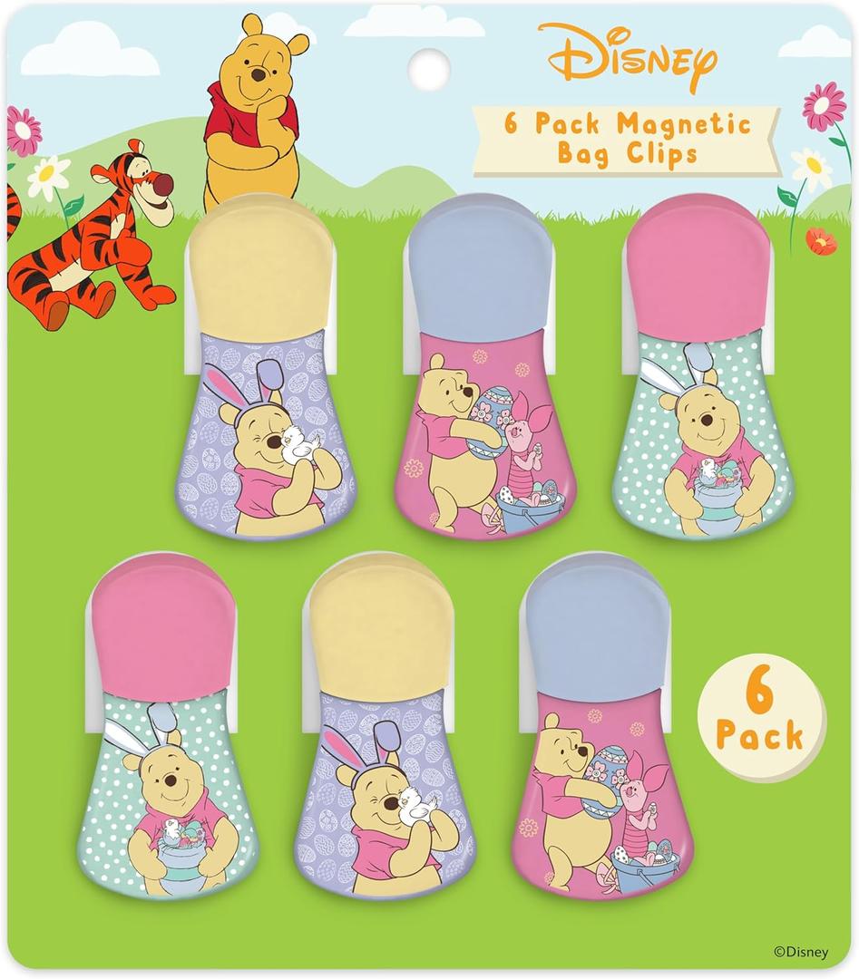 Disney Magnetic Chip Clips  Set of 6 Bag Clips for Food Storage - Mickey, Minnie, Lilo & Stitch, Winnie The Pooh  Durable Airtight Bag Chip Clips for Pantry & Fridge Use (Small, Pooh & Piglet (Easter))