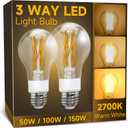 3 Way Light Bulbs 50 100 150w Equivalent, Soft White 2700K, Three Way A19 LED Filament Light Bulb with 90+ CRI, E26 Dimmable Warm Light Bulbs, Classic Clear Glass, 2 Pack