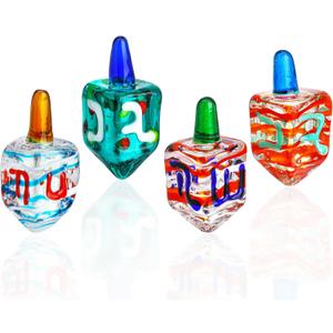 HDCRYSTALGIFTS Set 4 Blown Glass Tradition Hanukkah Dreidel Figurine Ornament 1.5'' Art Glass Classic Dreidel Paperweight Collectibles Jewish Hanukkah Gift
