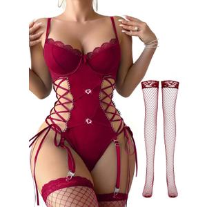 Lilosy Sexy Floral Lace Up Belt Garter Underwire Teddy Bodysuit Lingerie Set (Medium, Burgundy Red)