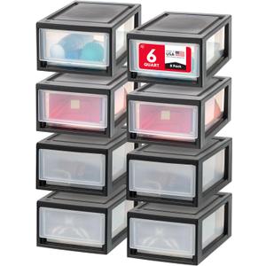 IRIS USA 6 Qt. Plastic Drawer Storage Organizer Stacking Drawers, 8-Pack, Stackable Unit with Sliding Drawer for Clothes Bedroom Kitchen Under Sink Pantry Craft Room Bathroom Dorm Office, Black