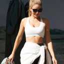 SONGSKY Sports Bras for Women, Medium-High Support Strappy Padded Running Sports Bras with Removable Cups (White, L)