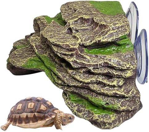 kathson Turtle Basking Platform Floating Turtle Dock Baby Tortoise Climbing Ramp Shale Reptiles Dock Resting Terrace Stone Aquarium Ornament for Frogs Newts (Green Size:7.1”Lx6.3”Wx2.7”H)