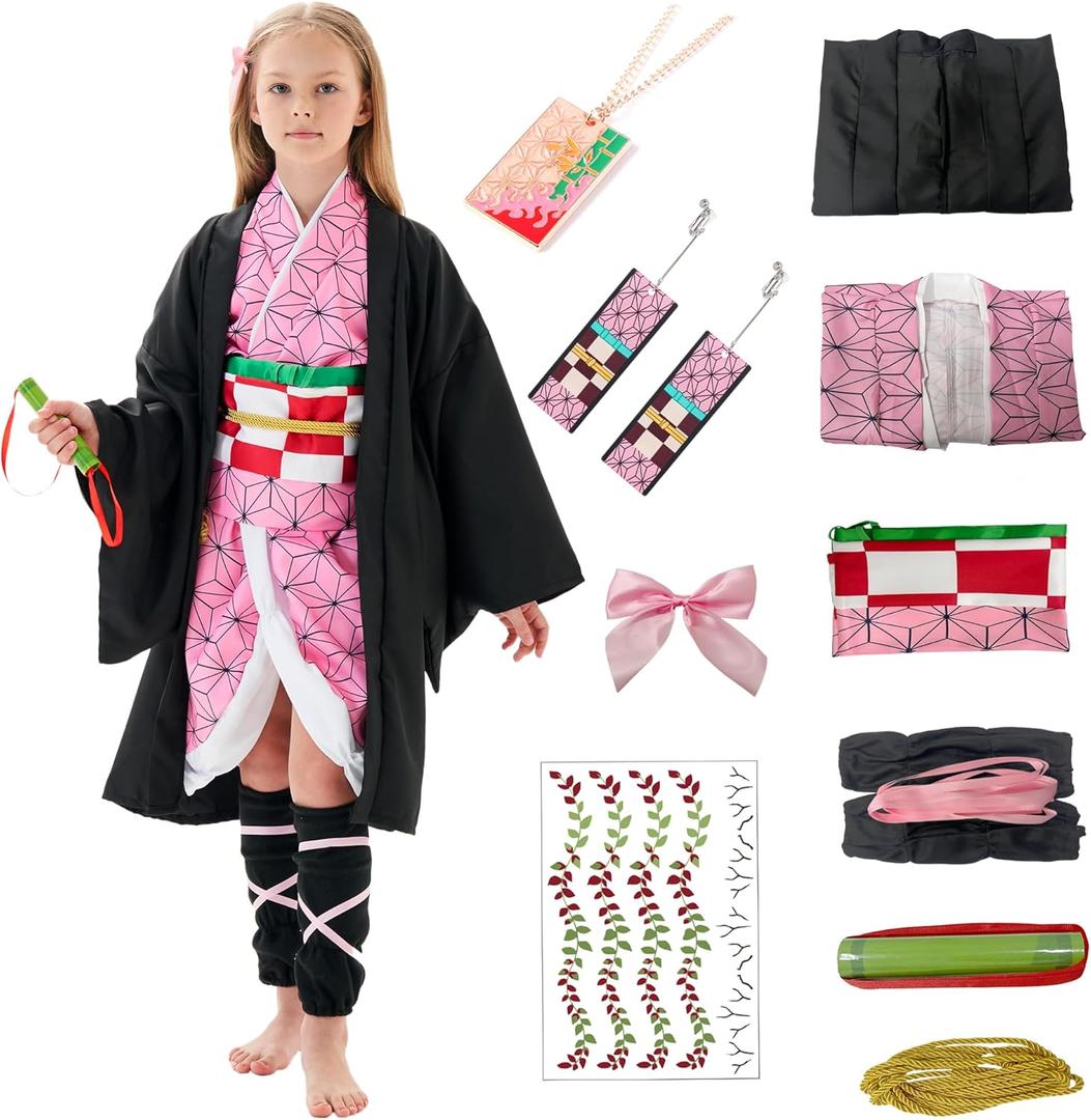 Women Kimono Costume Girls Kamado Cosplay Costumes Cloak Outfits Set Halloween Pink Uniform with Accessories (Kids 130)
