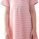 GORLYA Girls Casual Striped Dress Soft Short Sleeve Loose Round Neck Midi T-Shirt Dress for 6-14Y (Pink)