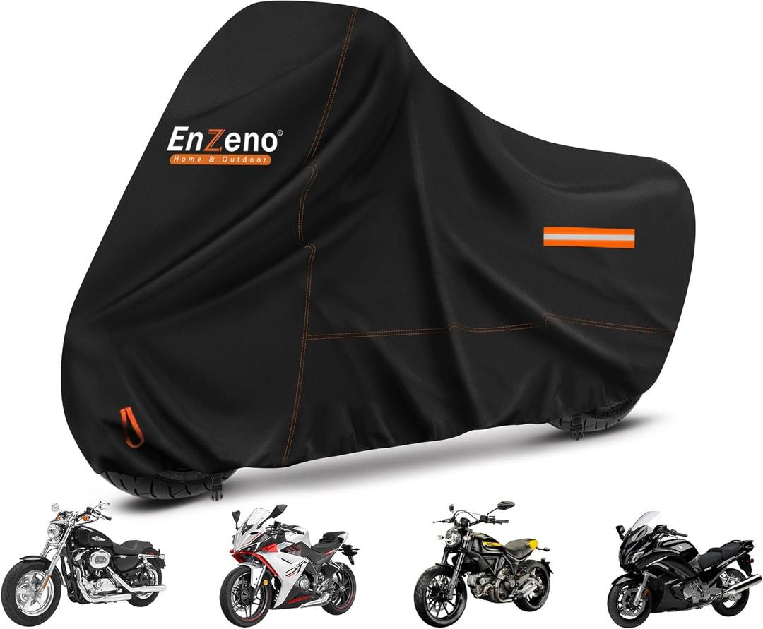 Enzeno Motorcycle Cover 210D Oxford Fabric Motorcycle Covers Waterproof Outdoor Windproof Dustproof Moped Cover with snap Fastener 275x105x125cm Motorcycle tarp Motorbike Cover Black