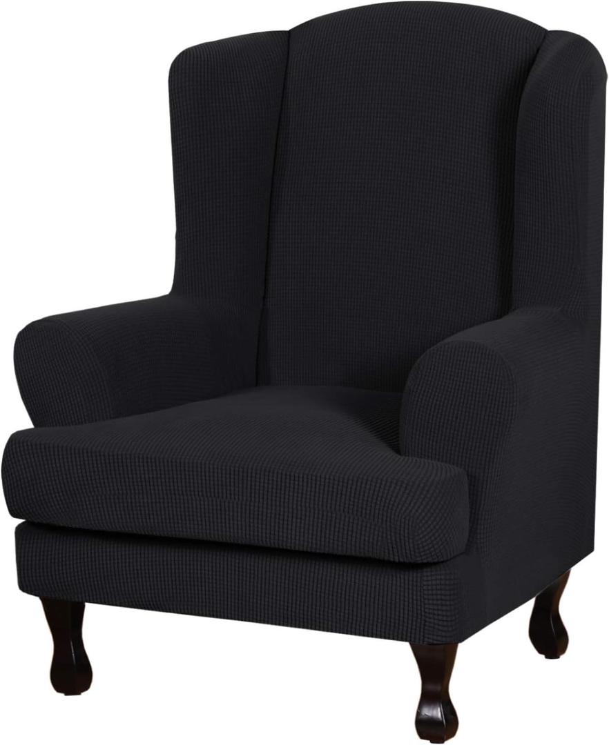 H.VERSAILTEX 2 Piece Stretch Jacquard Wingback Chair Covers Slipcovers Wing Chair Covers (Base Cover Plus Seat Cushion Cover) Furniture Covers for Wingback Chairs, Form Fitted Thick Soft, Black