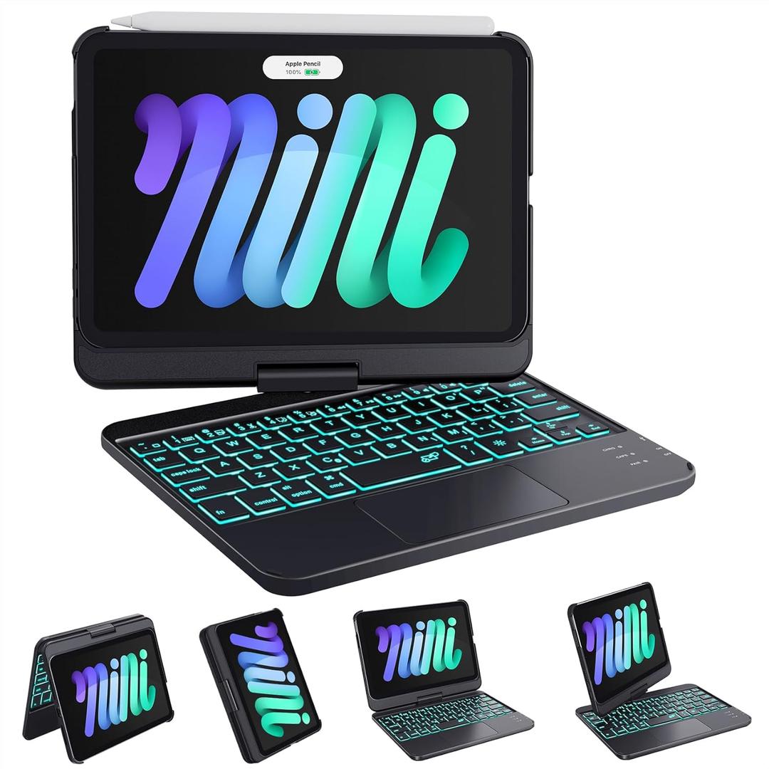 GreenLaw Keyboard Case for iPad mini 7 A17 Pro(2024) & Mini 6 (2021) 8.3", 360 Rotate Case for iPad mini 7th/6th Generation, Touchpad Keyboard with 7 Color Backlit, Type-C Rechargeable, Black