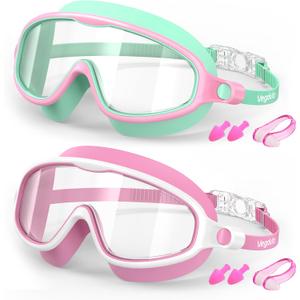 VegoVia Kids Swim Goggles 2 Pack, Anti-Fog UV Protection Wide View Swimming Goggles for kids 3-15 Youth Boys Girls Toddler (Lightgreen/Clear & Pink/Clear)