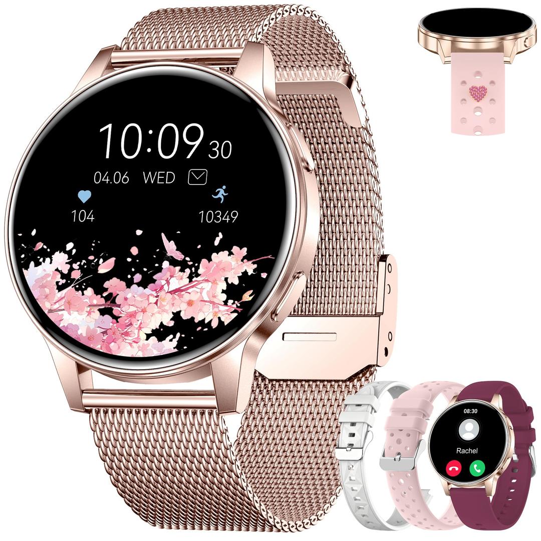 Erkwei Smart Watch for Women 4 Bands Make/Answer Calls 1.27" Touchscreen Fitness Tracker Compatible Android iOS Tracker Watch Pedometer Heart Rate Sleep SpO2