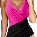 RXRXCOCO Womens One Piece Swimsuits Tummy Control Ruched Criss Cross Bathing Suits V Neck Slimming Swimwear (Large, Pink and Black)