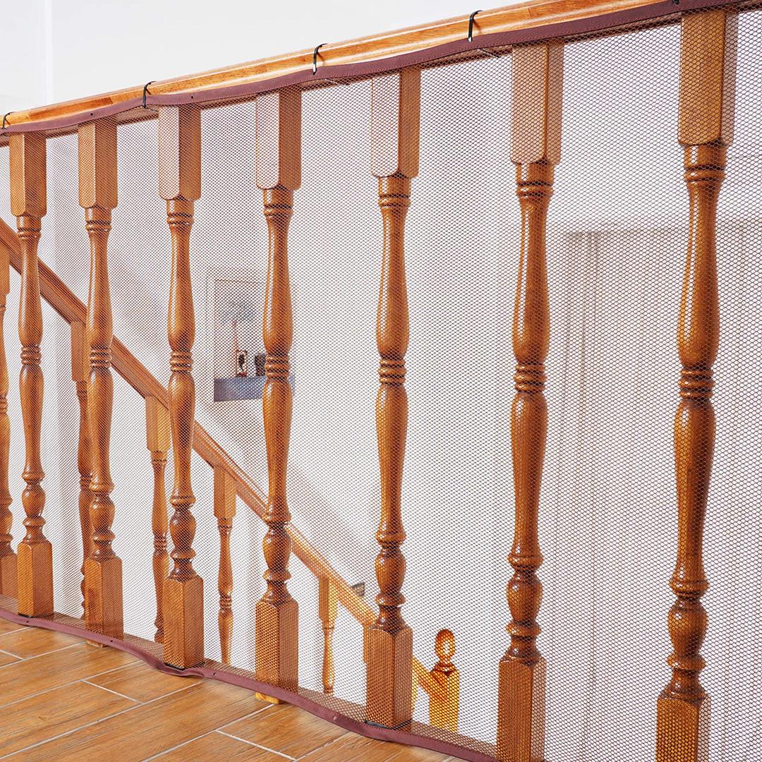 Baby Gates for Stairs with Banister, Guard Safety Net for Baby, 10ft x 3ft Stair Railing Mesh Barrier for Kids, Cats, Dogs, Child Safety Rail Guard - Dark Brown
