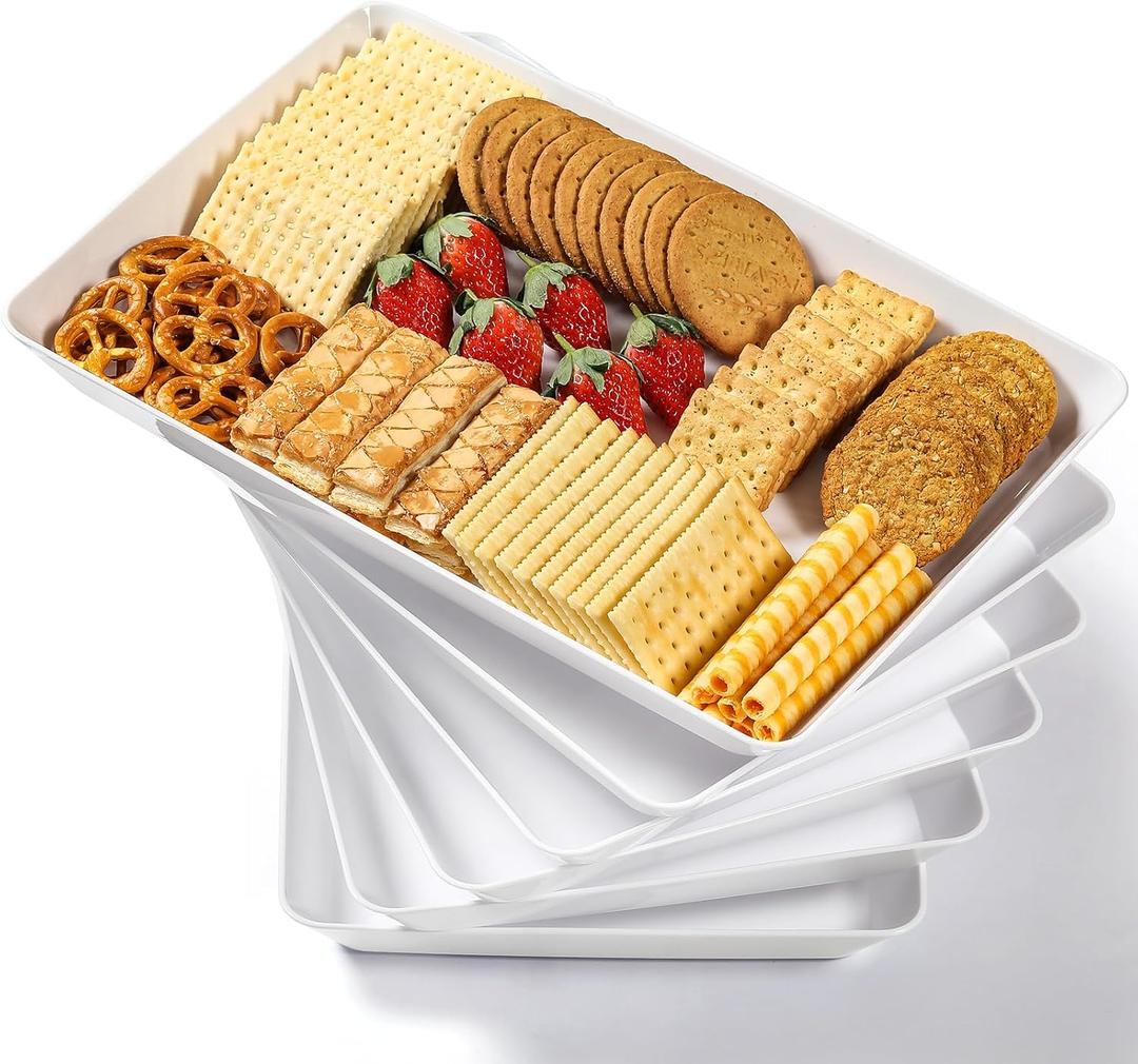 Pack of 6, 16" x 11" Large White Serving Trays Set - Reusable Plastic Serving Platters for Cookie, Appetizer, Charcuterie, Snack, Dessert, Party Food Display - Stackable Kitchen Counter Top Tray, BPA Free