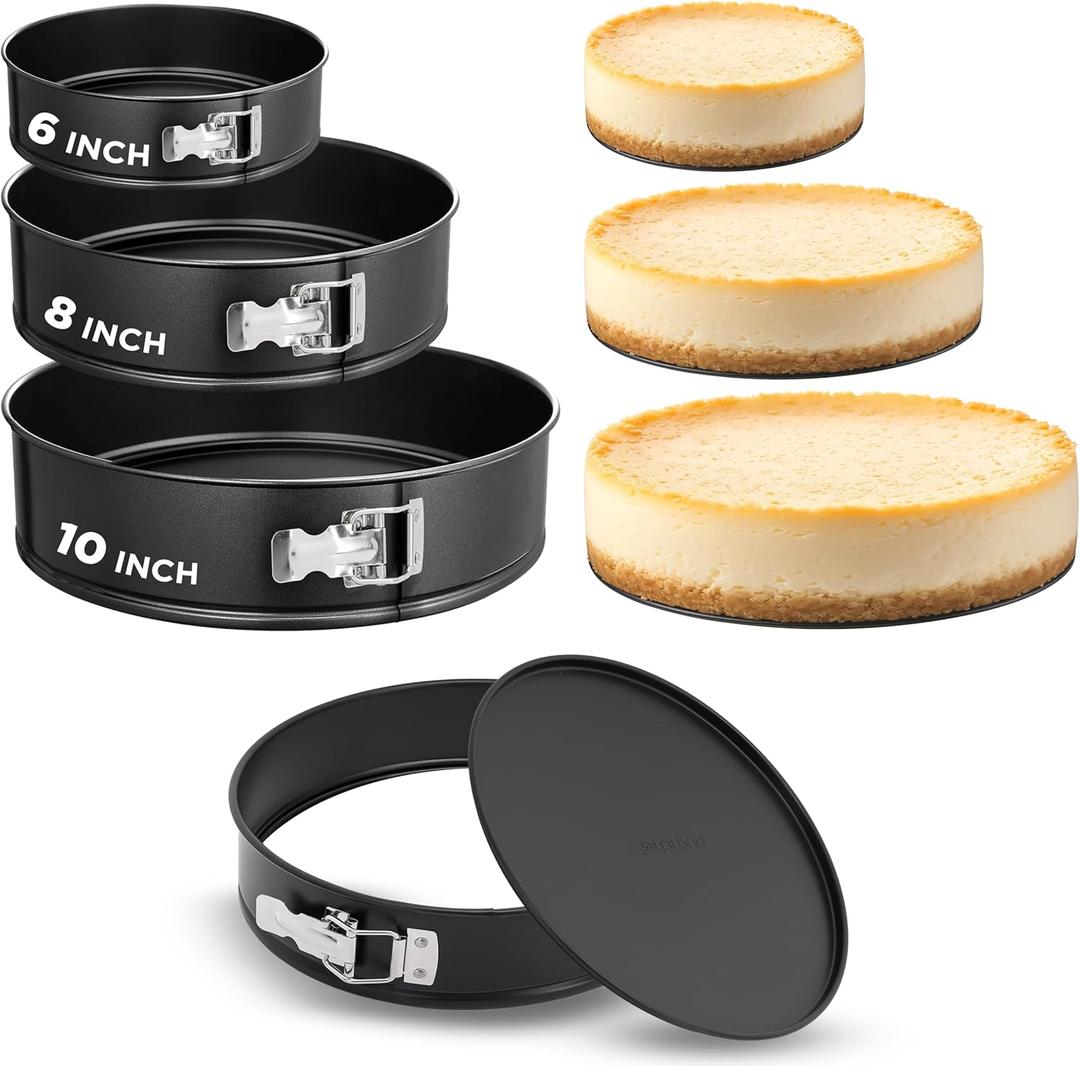 Nutrichef 3-Piece Nonstick Springform Pan Set - Premium Carbon Steel Cheesecake Pans with Stainless Steel Clasp - 6", 8", 10" Sizes, Oven Safe up to 450F - Includes 300pcs Parchment Paper (Black)