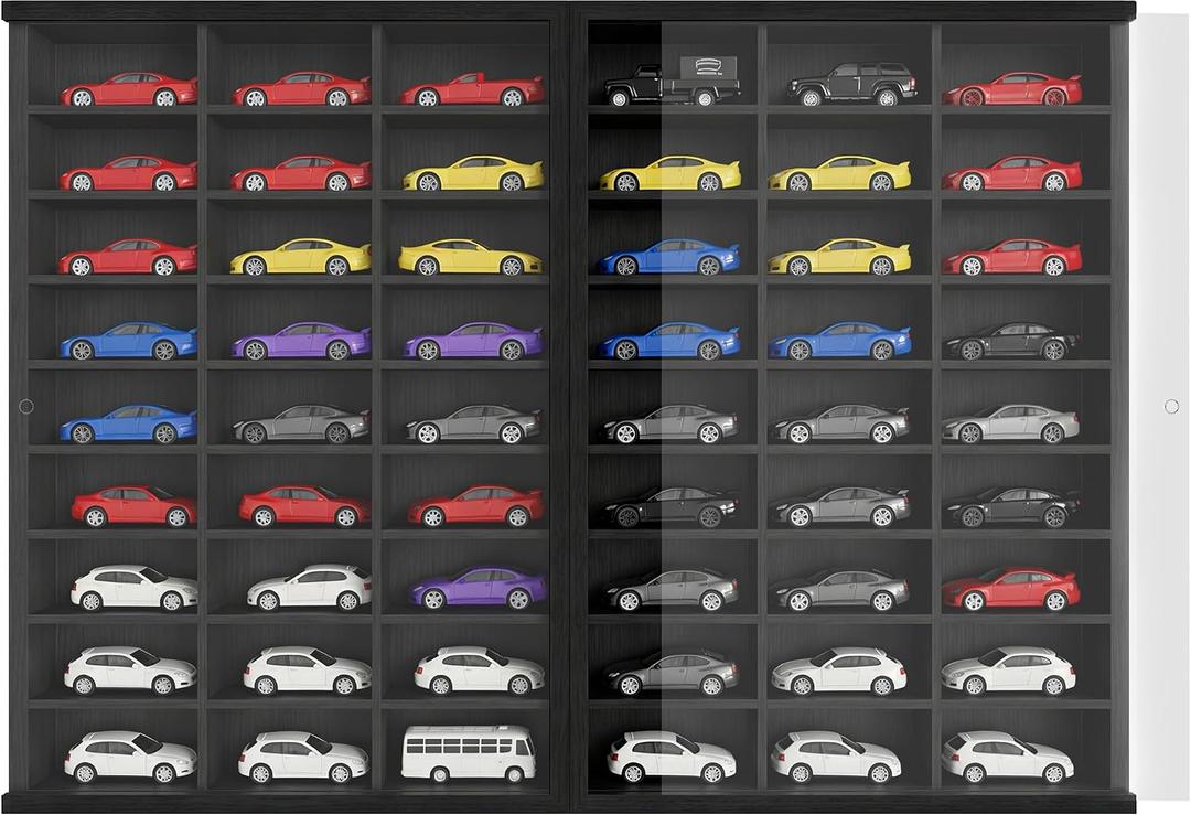 Model Car Display Case 24 x 17 in, Holds 54 Fits 1/64 Scale Toy car Storage Organizer,Wall-Mounted Toy Shelf Display Storage, Collapsible Wooden Box with 2 Acrylic Cover Plates (Only Box)