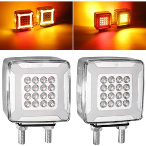 Partsam Pair Double Face Square Pedestal Fender Turn Signal Lights Halo Glow Double Stud, Amber/Red Square 47 Diode Led Turn Stop Marker Running lights Lamps 12V 24V 10-30V (Clear Lens)