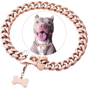 Rose Gold Stainless Steel Cuban Link Heavy Duty Dog Collar Necklace ,Small Dogs American Bully French Bulldog Dog Collar with Safety Buckle